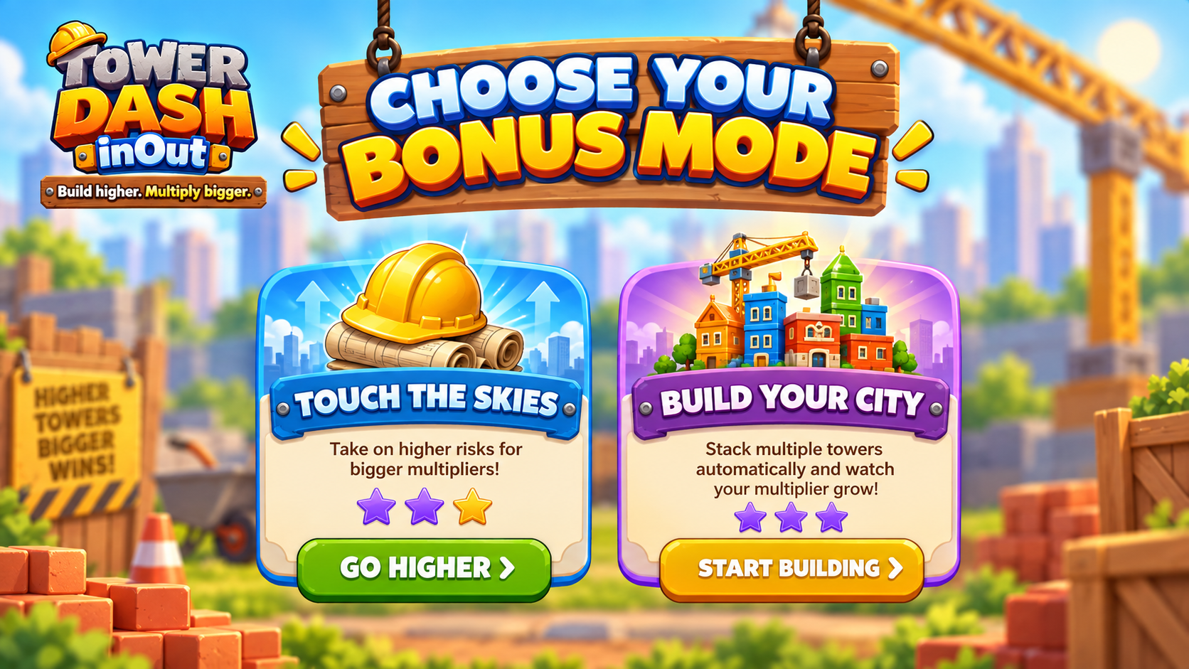 شاشة Buy Bonus في لعبة Tower Dash تعرض وضعي Touch the Skies و Build Your City