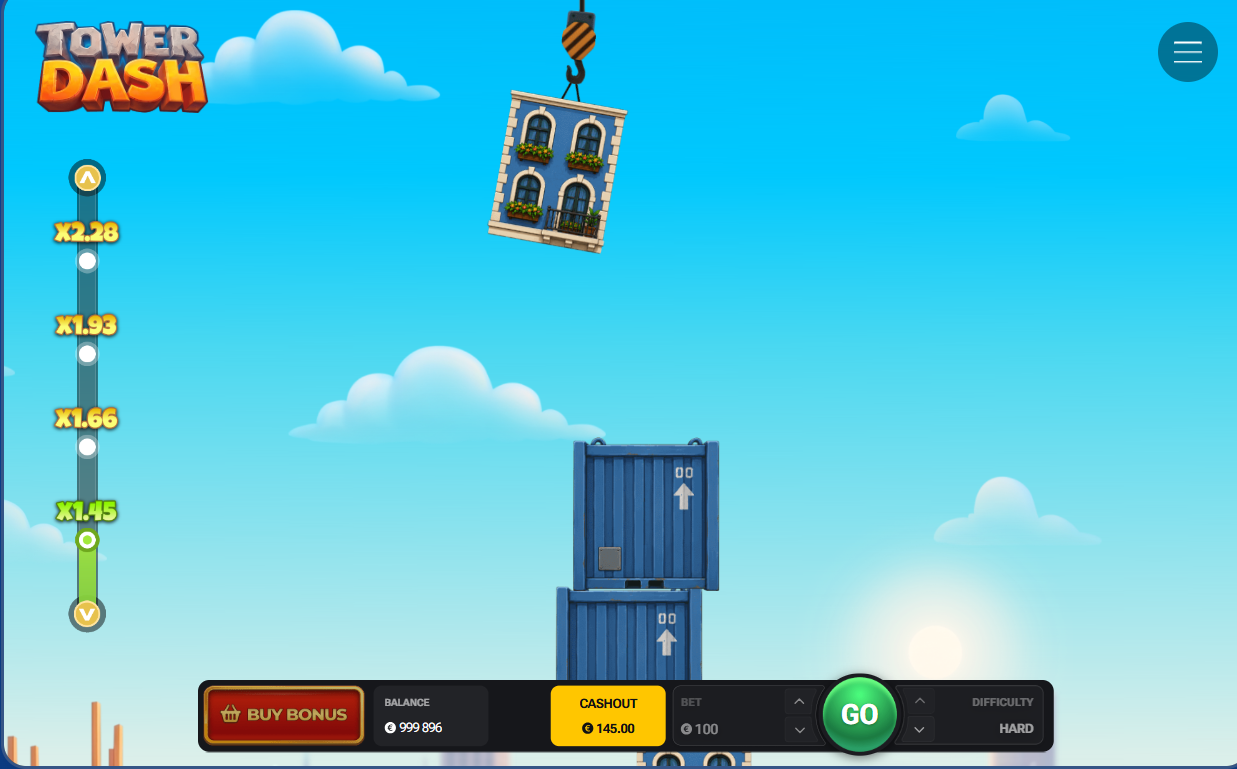 لعبة Tower Dash تعرض سلّم المضاعِف ولوحة السحب في مستوى الصعوبة العالي