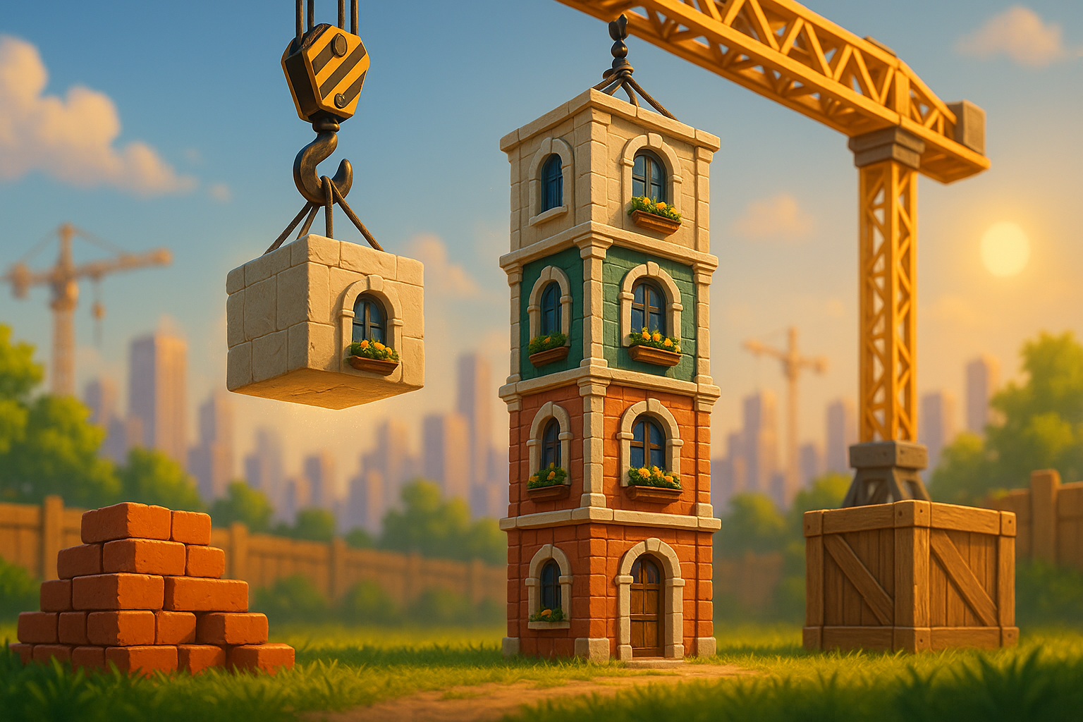 لعبة Tower Dash بطابع موقع بناء: رافعة تُنزل قالبًا فوق برج ملوّن